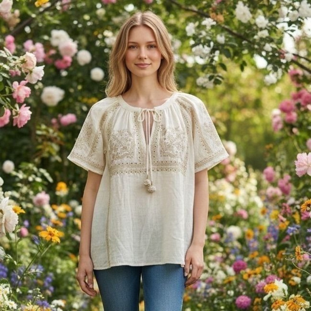 lovestitch Cream Embroidered Boho Tie-Front Peasant Top NWT